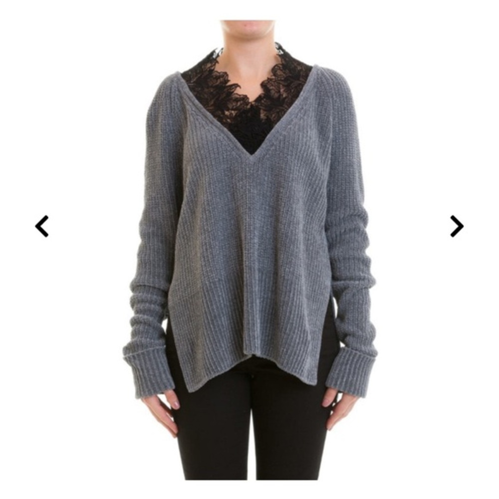 Roberto Cavalli Fisherman's rib silk lace trim sweater Gray Black size 40 Small